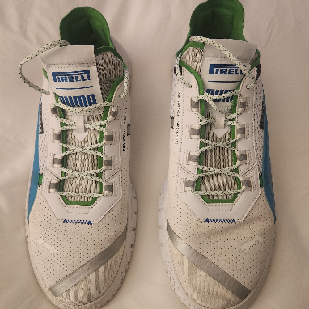 Puma Pirelli White and Green Athletic Shoes with Blue Highlights